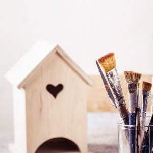 Art Brush Set and wooden house for decoration.